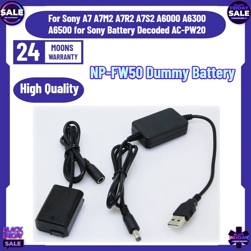 NP-FW50 Dummy Battery  with Usb+Adapter for Sony A7 A7M2 A7R2 A7S2 A6000 A6300 A6500 for Sony Battery Decoded AC-PW20