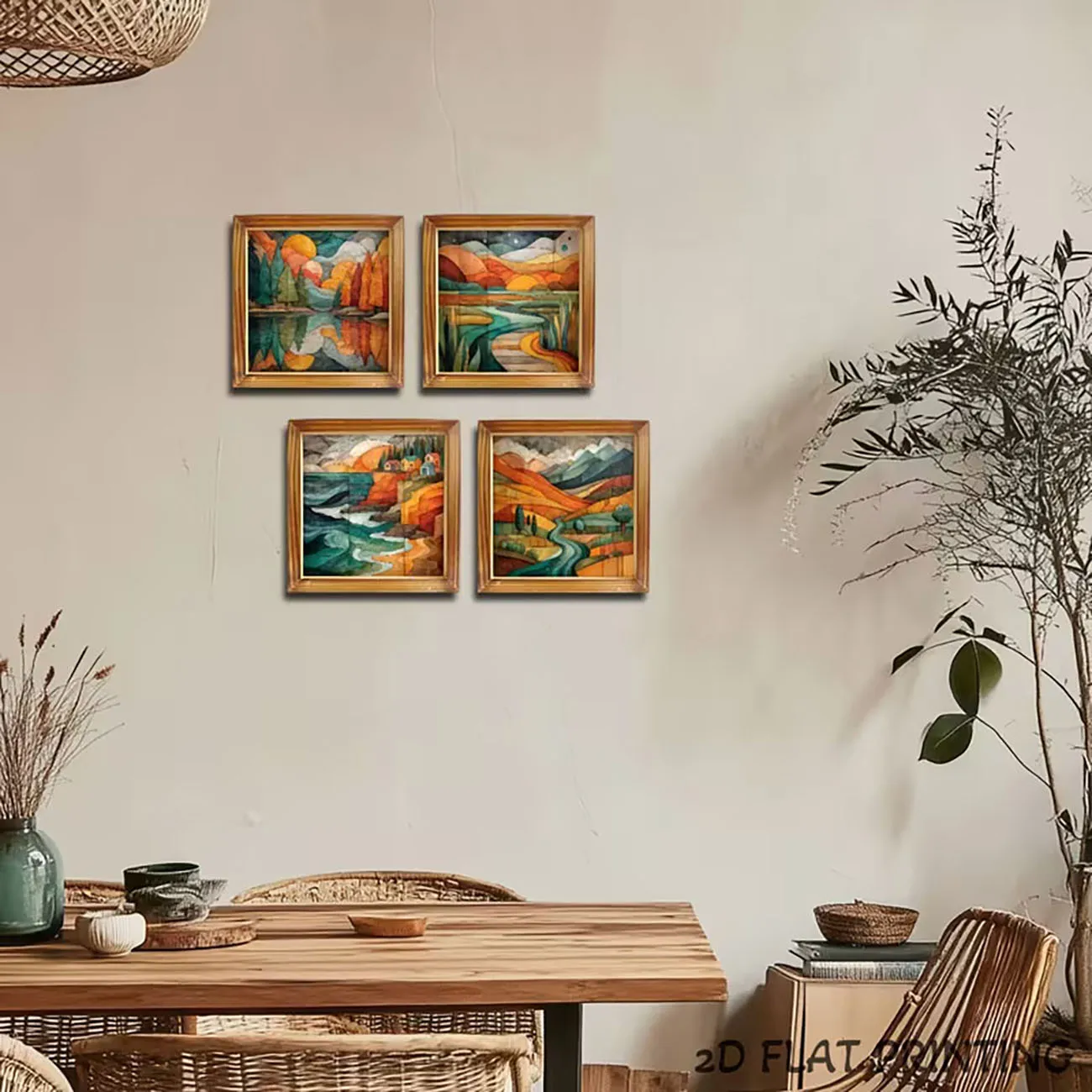 4 Pack Wooden Folk Style Mountain Landscape Wall Decor Wood Cut River Lake Print Nano Tape Drill Free Home Wall Ornament