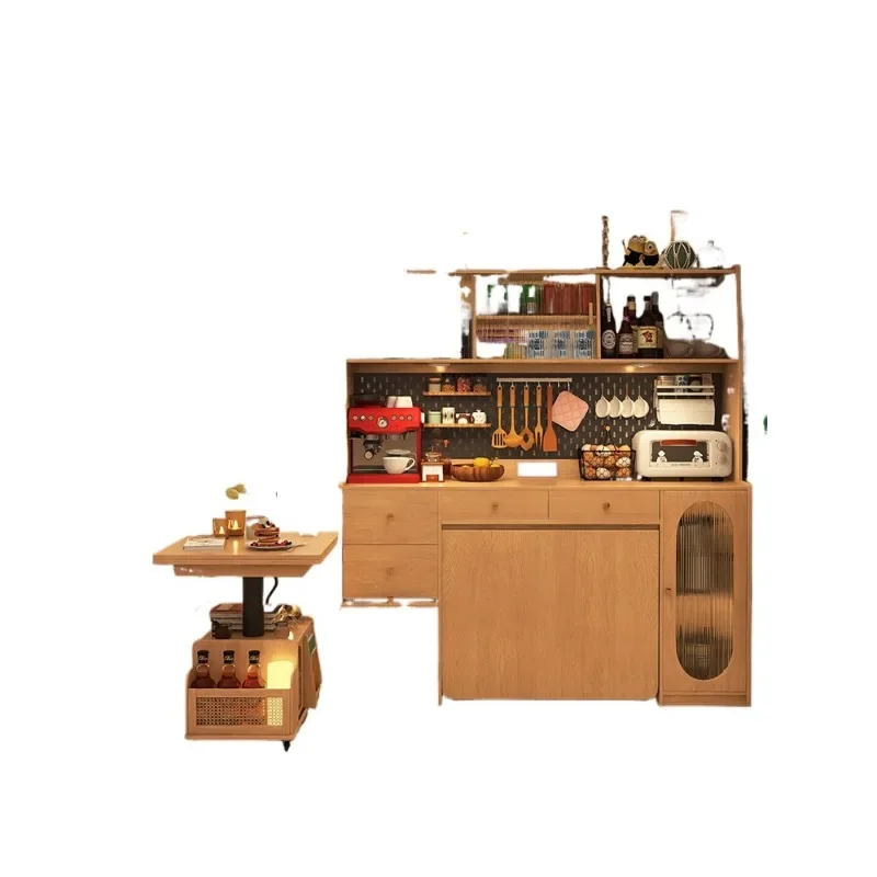 All solid wood dining side cabinet, folding dining table integrated retractable mobile small apartment with dining table