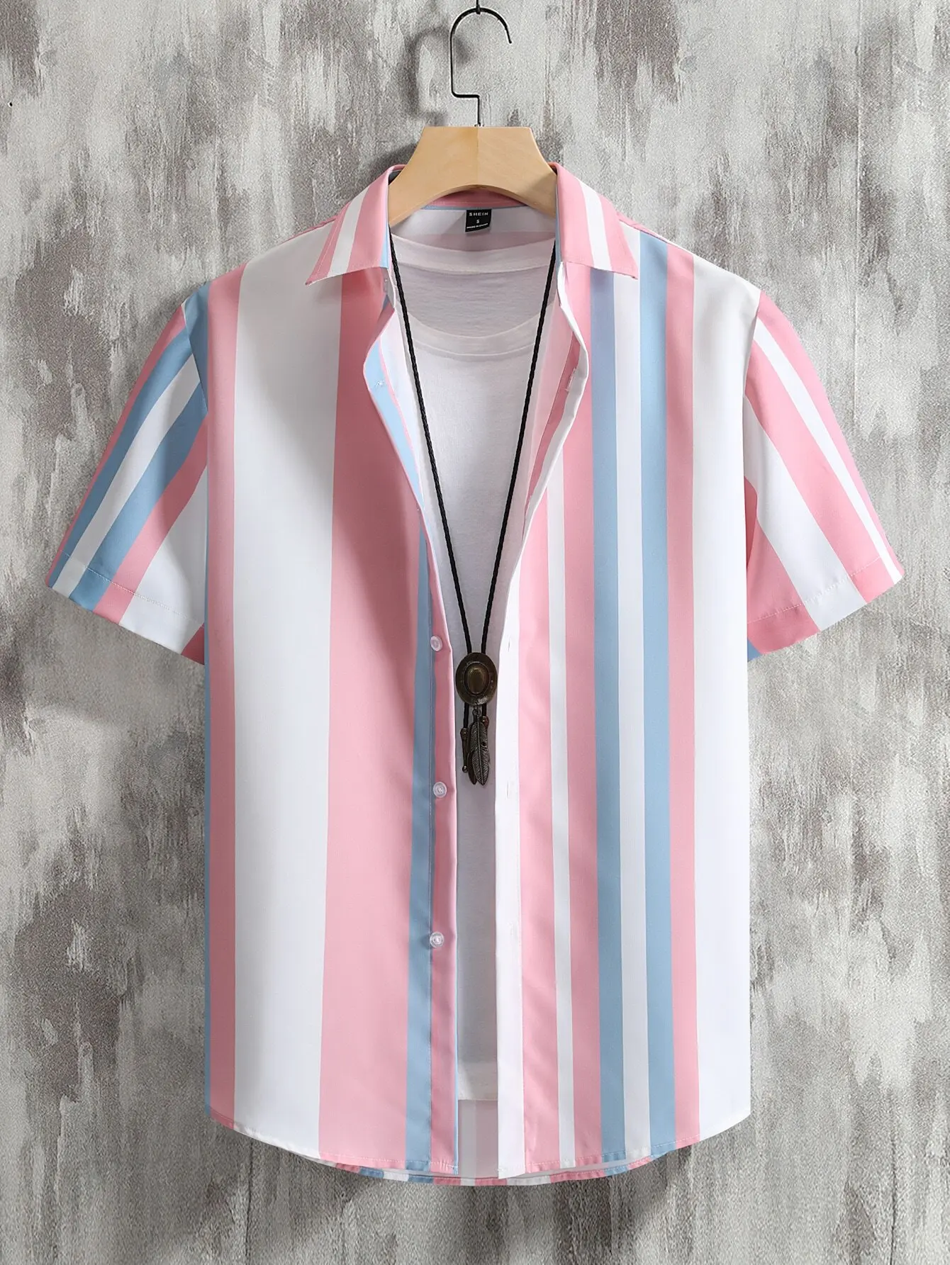 

Men's Casual Short Sleeve Striped Button-Down Shirt in Pink Blue White