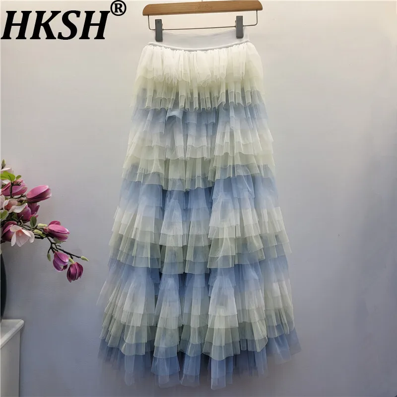 

HKSH Autumn New Women's Skirt Elastic Waisted Contrast Color Multi-layered Ruffled Pleated A-line Sweet Ins Puffy Skirts HK15385