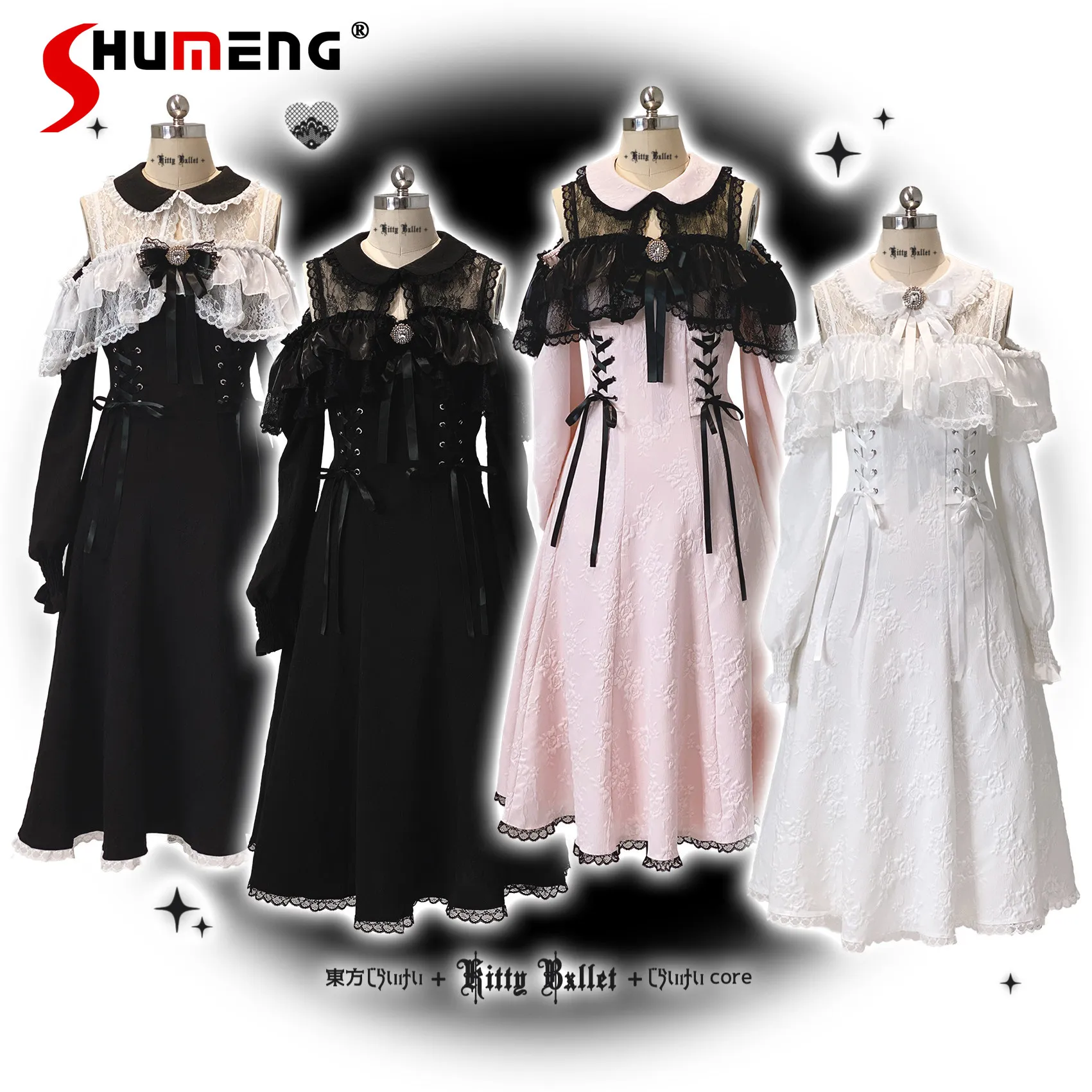 

Оригинальное японское модное кружевное платье с открытыми плечами и длинными рукавами, милое женское элегантное короткое платье в стиле Лолита с бантом, весна