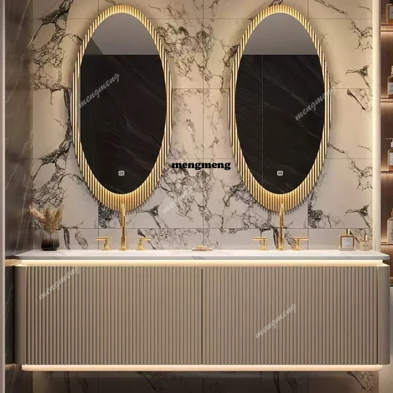 Ceramic integrated basin bathroom cabinet combination rock slab hot bending oak washbasin washbasin bathroom cabinet