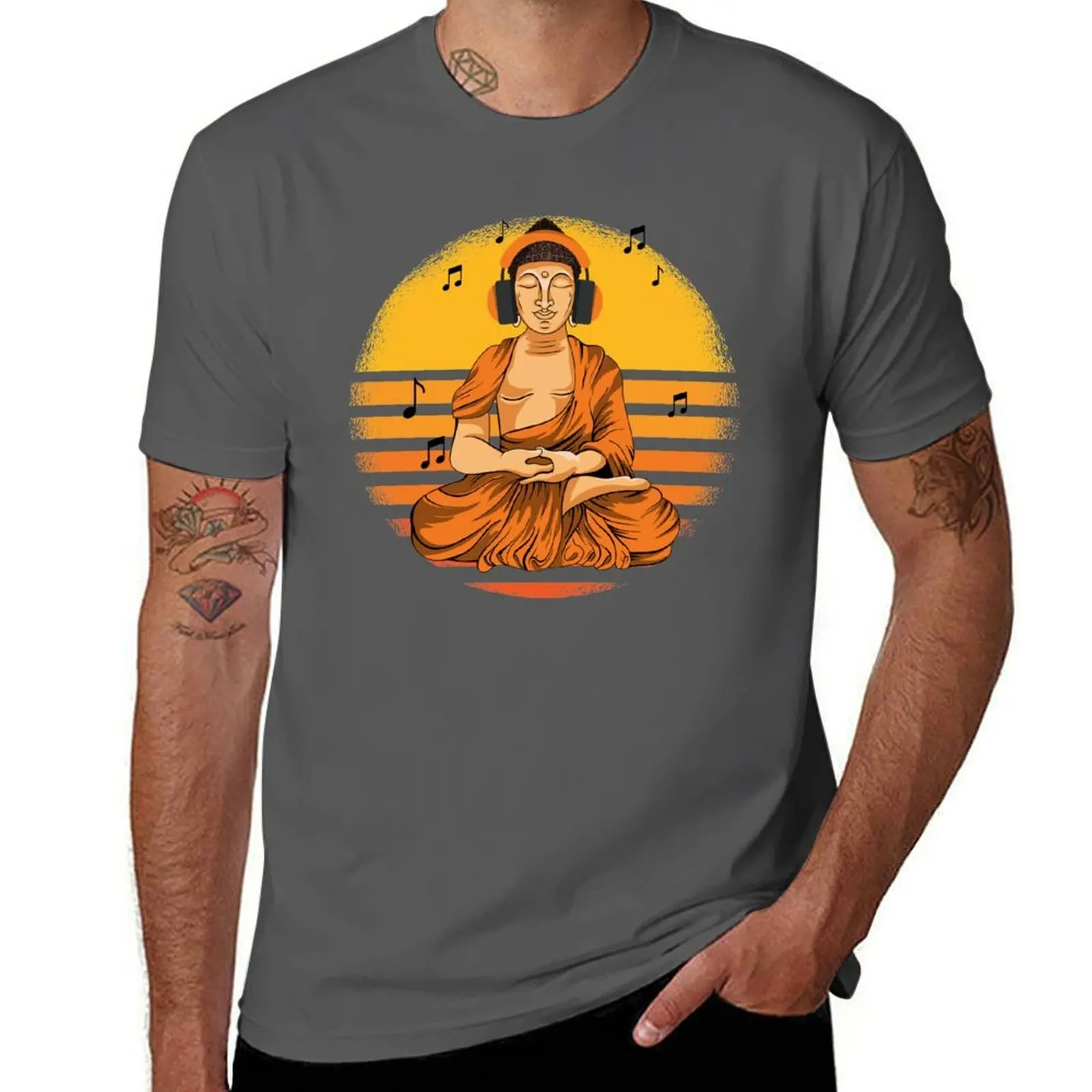 Buddha with headphones. T-Shirt Vintage Print Crew Neck Tee