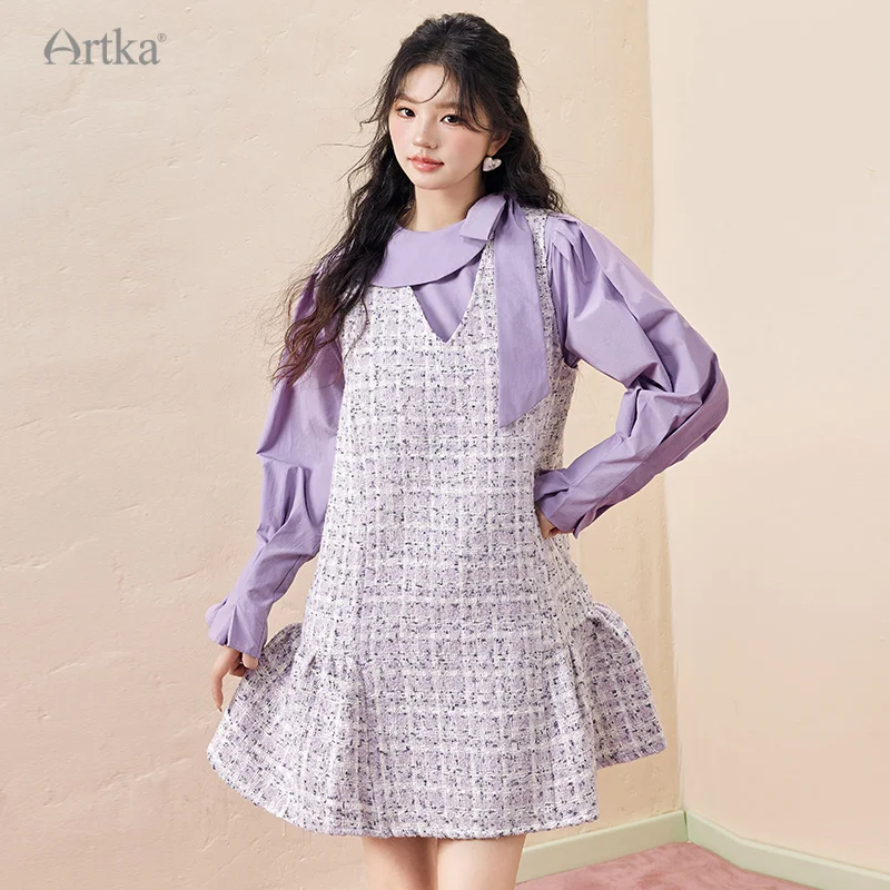 

ARTKA 2023 Autumn New Women Dress French Elegant Plaid Weave Woolen Tank Dresses V-Neck Sleeveless A-Line Midi Dress LA92330Q