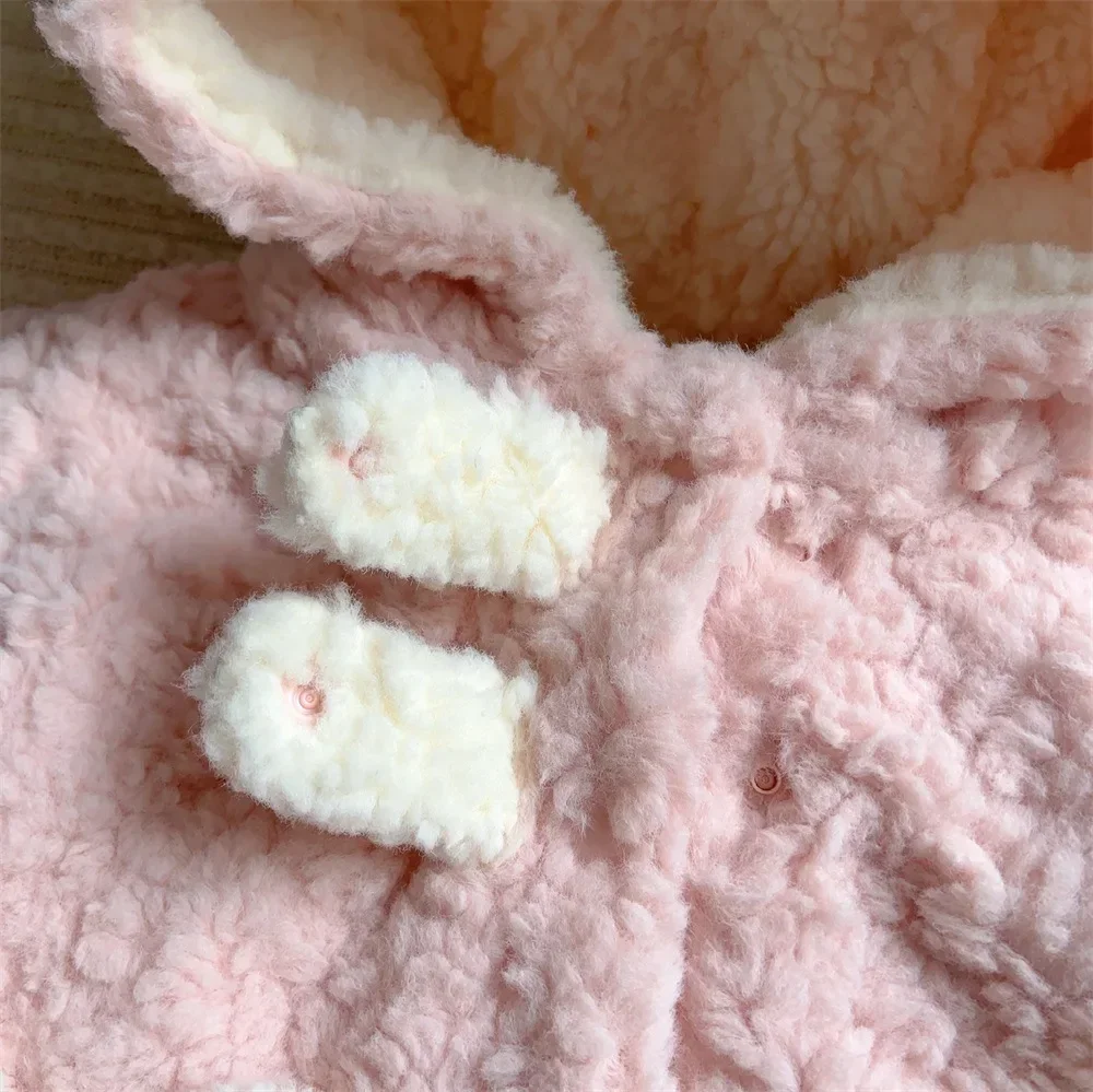 Winter Newborn Girl Hooded Onesies Rabbit Ear Style Plush Warm Long Sleeve Baby Girl Bodysuit Thick Brushed Infant Girl Bodysuit