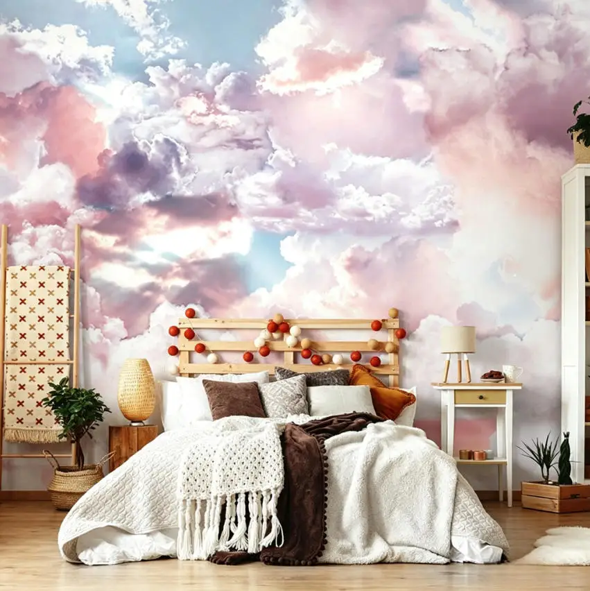 Custom Pink Purple Cloud Sky photo Mural Large Dreamy Cloud Wallpaper Girls and boys  Bedroom Background Home Wall Wallpaper