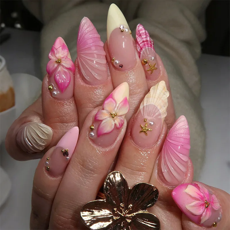 

24Pcs Mid-length Almond French Fake Nails with 3D Flowers Starfish Shells Pearls Design False Nails Tips Wearable Press on Nails