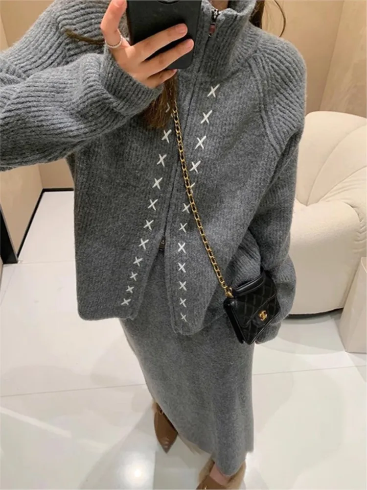 Gray High Neck Zipper Sweater And Long Skirt Set Two Piece Set Zipper Knitting Winter Jackets + Straight Skirt Casual Outfit