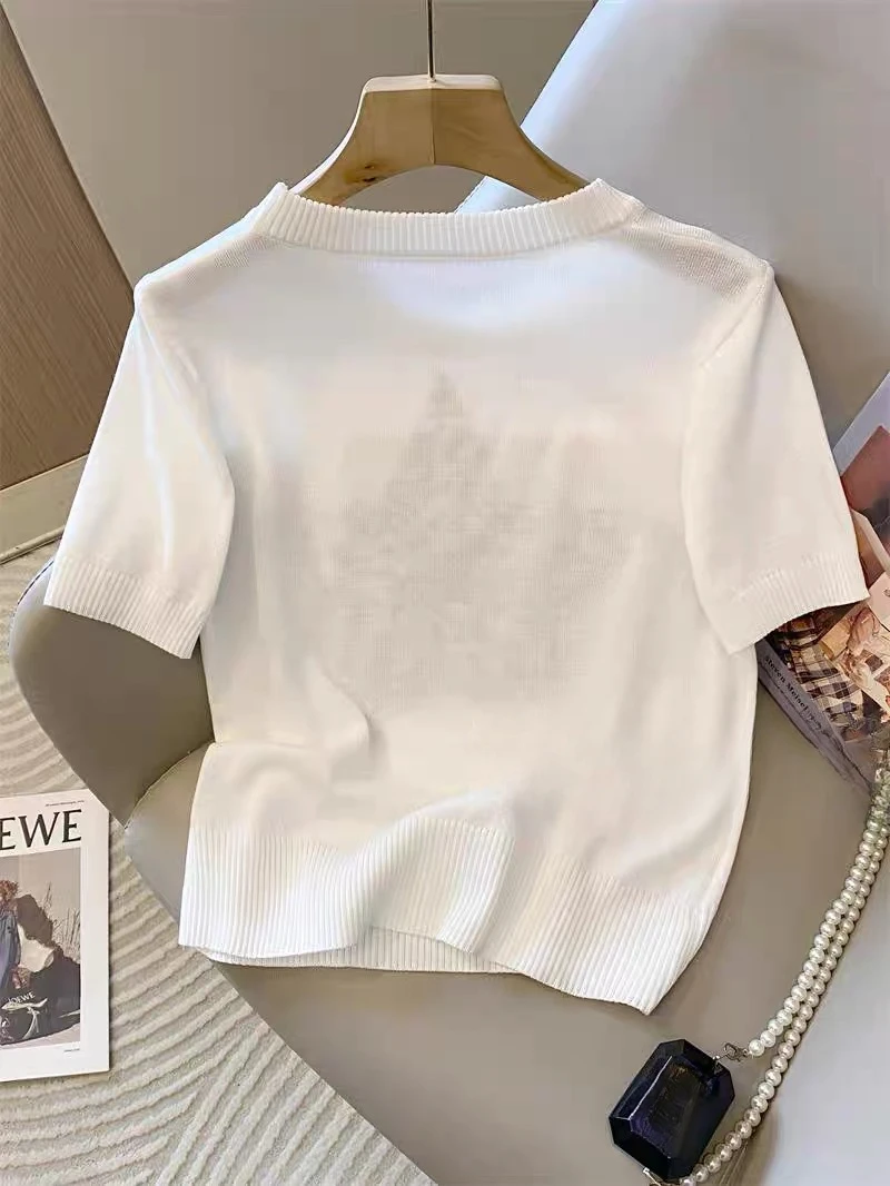 Fünfzackiger Stern bestickter Kurzarmpullover für Damen, gestricktes T-Shirt, Frühling, Sommer, 2025, modische weiße Strickwaren, Tops, T-Shirts