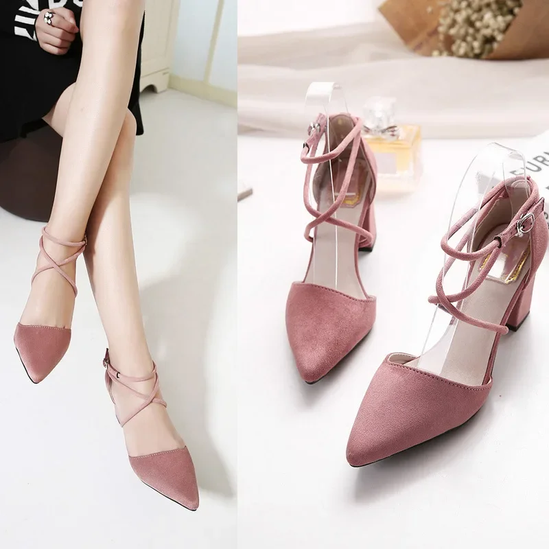 Summer 2024 Pumps for Office Work Sandały damskie Chunky Footwear High Heels Black Pointed Toe Ladies Shoes Block Heel