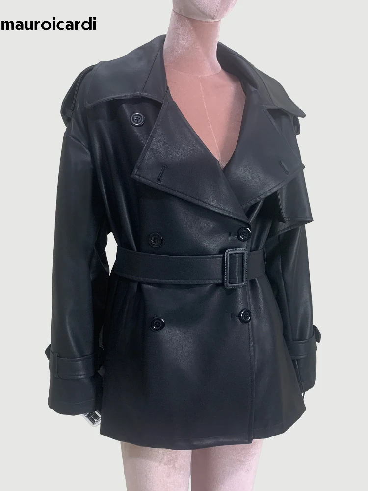 Mauroicardi Trench da donna in morbida pelle PU oversize nera primavera autunno cintura doppio petto sciolto moda coreana casual