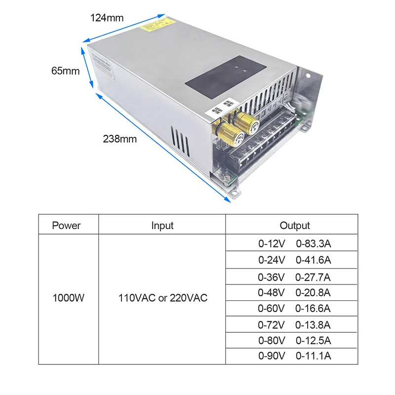 1000W Ajustable Switching Power Supply AC 110/220V to DC 0-12V 24V 36V 48V 60V 72V 80V 90V 100V 150V 200V with Digital Display