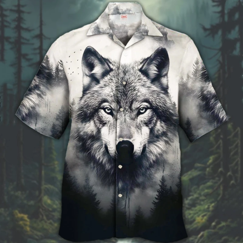 

Retro Men's Shirt 3d Wolf Print Short Sleeve Tops Cuban Collar Shirt Oversized Man Clothing Beach Casual Hawaiian Shirts For Men