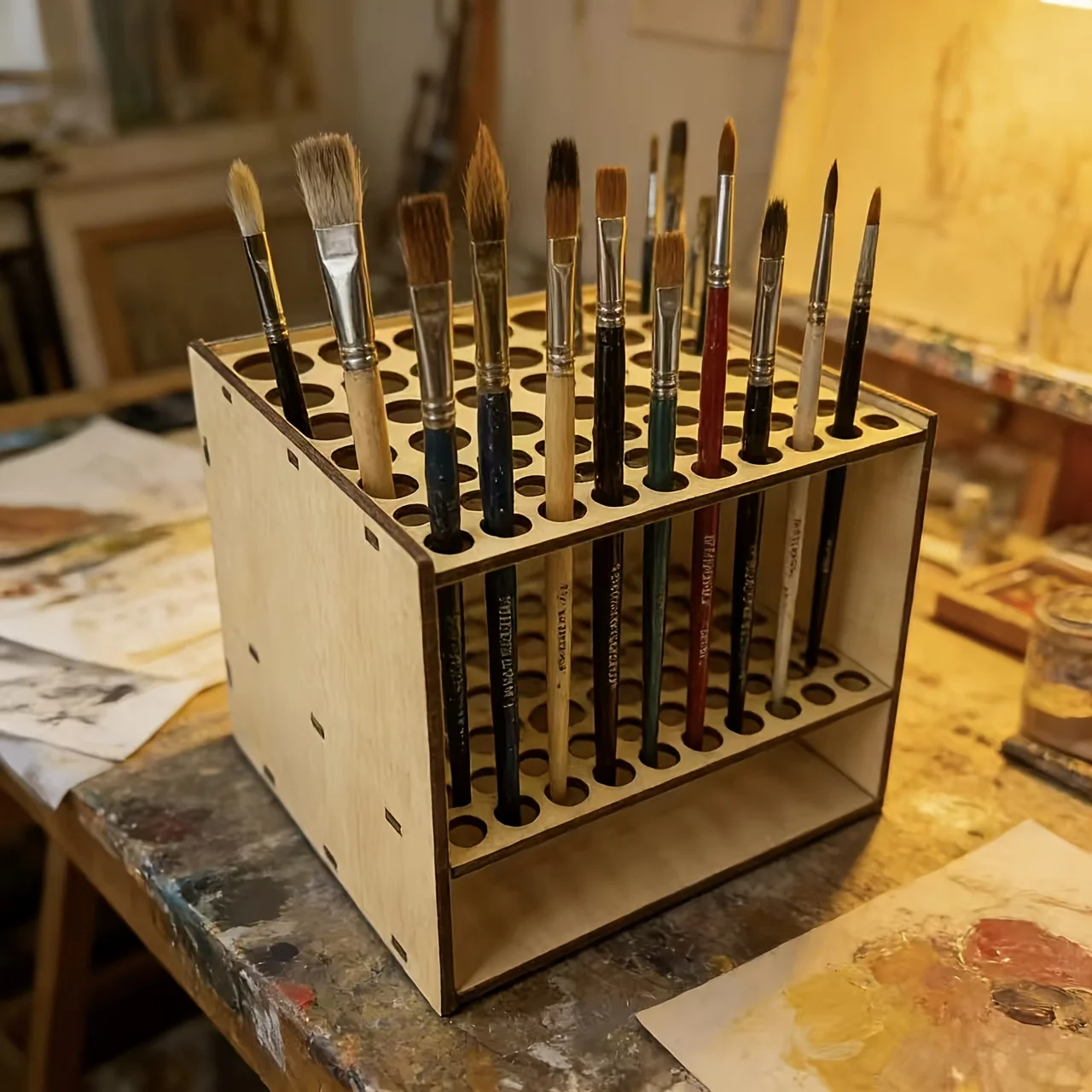 Desktop Storage 67 Slot Durable Wooden Brush Holder Multi-layer Tabletop Storage Stand For Artist Drawing Craft Stationery