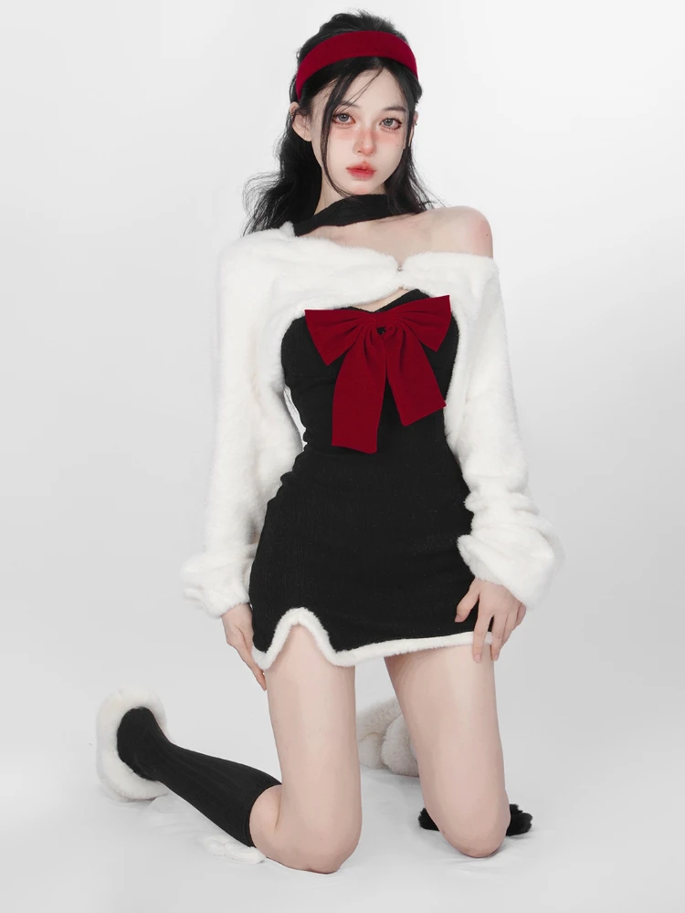 Christmas Sweet Two Piece Set Women Japanese Style Bow Y2K Party Dress Set Female Sexy Elegant Slim Mini Dress Suit Winter 2022