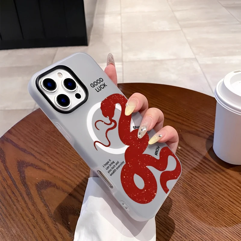 المغناطيس موضة الاتجاه بسيط كول الأحمر بيثون الحظ نمط جراب هاتف آيفون 16 15 14 13 12 11 بروماكس سيليكون جراب هاتف غطاء