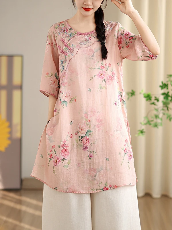 

Новый китайский тонкий принт с вышивкой Midi irt, большой размер, женский круглый костюм на пуговицах Ne f Sve, национальный чайный костюм, топ