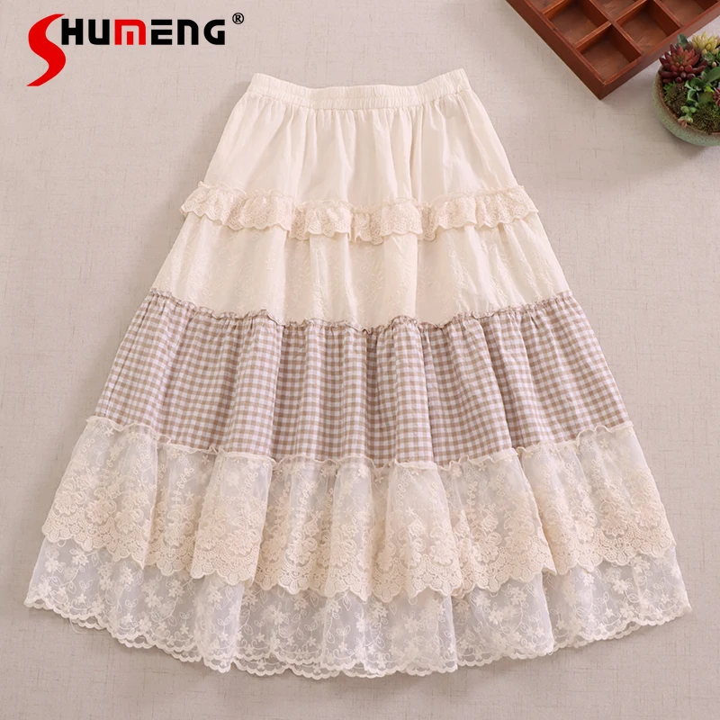 

Japanese Mori Girl Style Lace Embroidered Ruffles Splicing Plaid Skirt Elastic High Waist A-line Loose Casual Midi Skirt Women