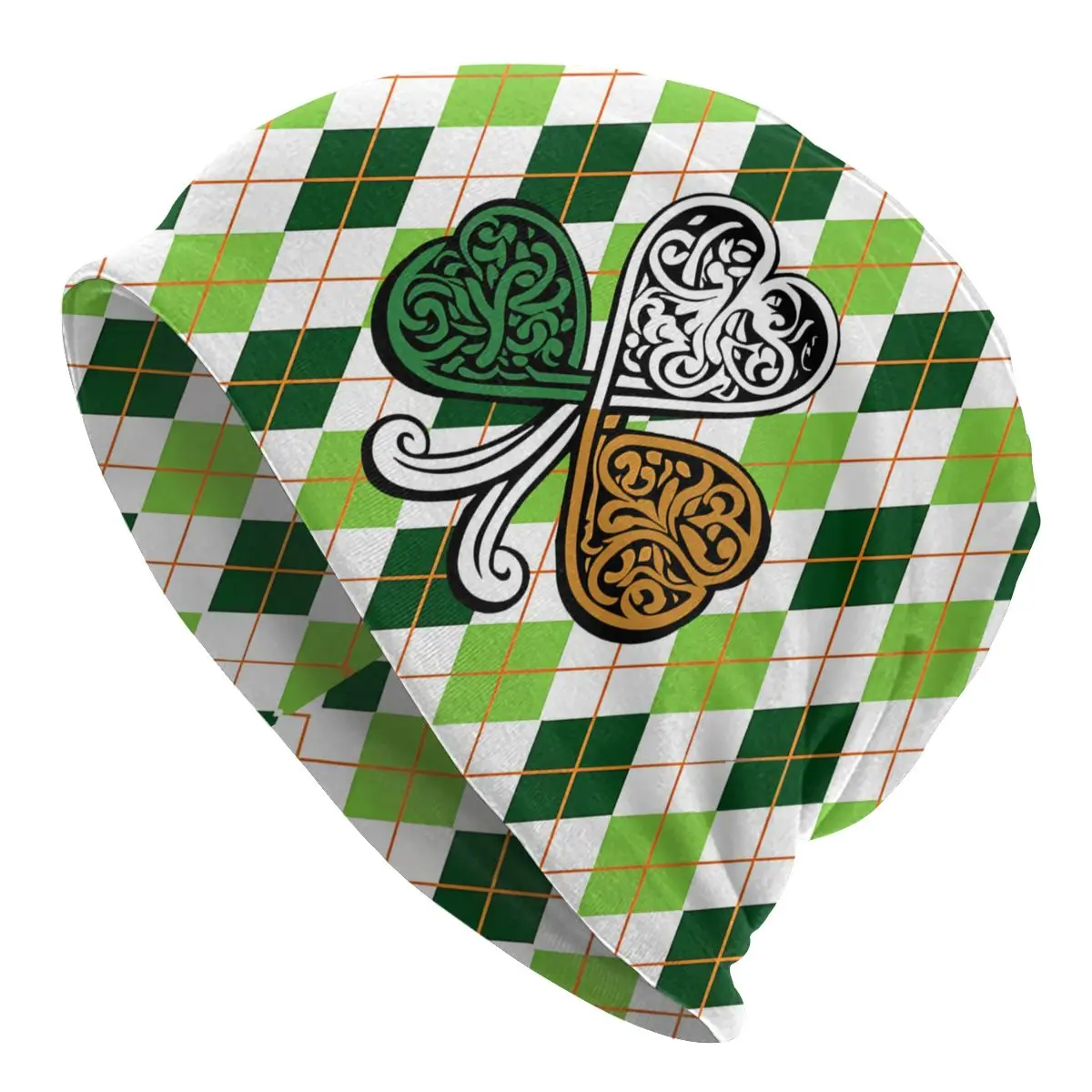 

St. Patrick's Day Diamond Plaid Shamrock Bonnet Homme Fashion Thin Skullies Beanies Caps For Men Women Novelty Hats