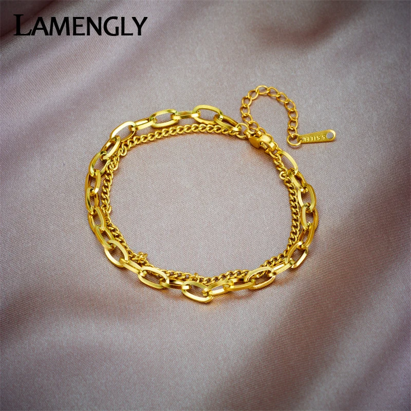 LAMENGLY 316L Stainless Steel 2-layer Link Chain Bracelet For Women New Trendy Girls Bangles No-fading Birthday Jewelry Gifts