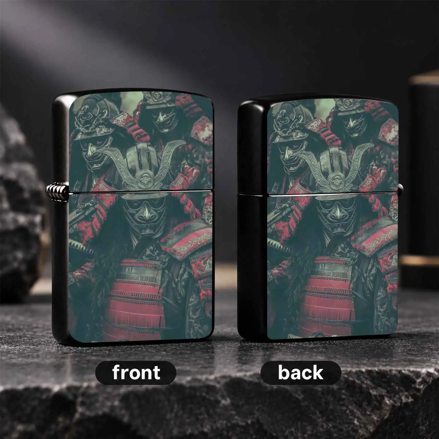 Vintage Red BLACK Samurai Themed Windproof Lighter, Exquisitely Etched Japanese CLAN Crest Menpo Mask Pattern Sturdy Body, Trendy Collectible Desktop Ornament, Unique Practical Gift for Boyfriend Samurai Culture Enthusiasts A Fun and Humo