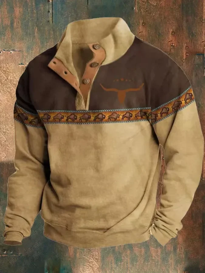 رائجة البيع عبر الحدود الرقمية ثلاثية الأبعاد طباعة طويلة الأكمام الوقوف طوق شبه زر الرجال البلوز الغربية الرجعية نمط لباس غير رسمي #3