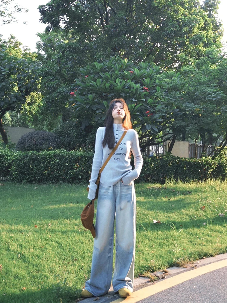 Luz azul americano retro buraco denim calças femininas verão novo design solto em linha reta perna larga jeans