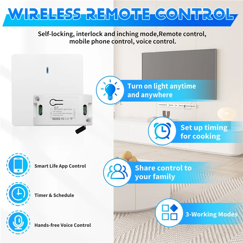 AED5-Wireless Smart Light Switch RF 433Mhz Controllo illuminazione Interruttore intelligente Modulo AC 90-250V 10A (1 W e 1 C)
