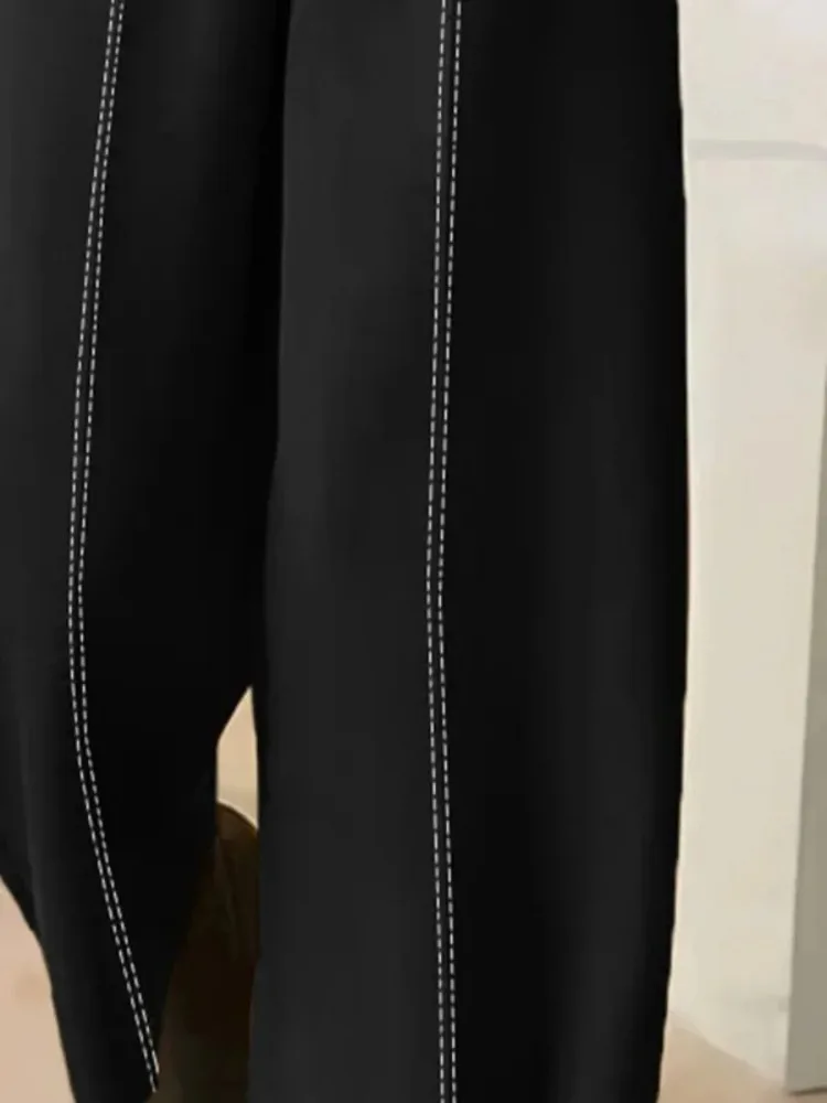 Women's Wide-Leg Black Pants White Stitched Elastic High Waist Loose Casual Ankle-Length Trousers Elegant Office Bottoms 2026