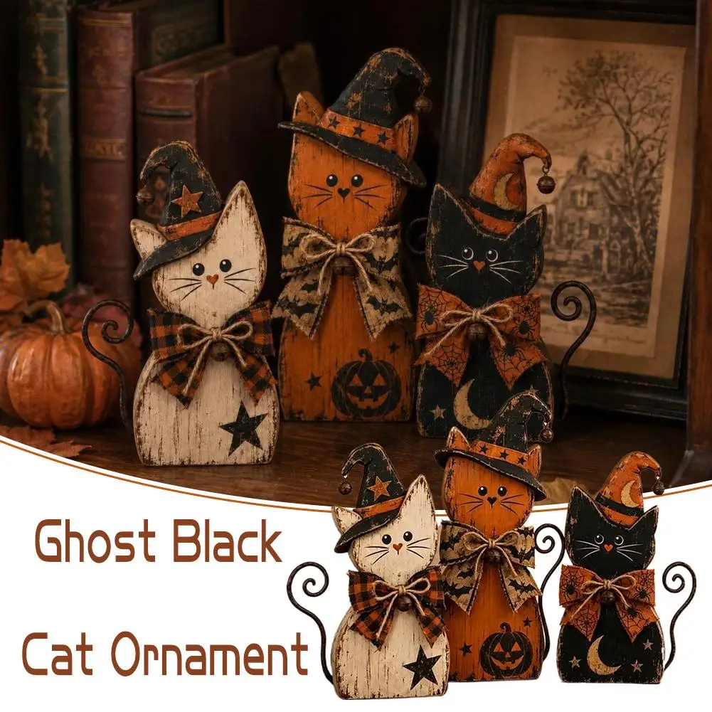 3Pcs Vintage Halloween Witch Cat Decor Set Seasonal Autumn Harvest Ornament Halloween Party Ornament & Gift for Witch Lovers