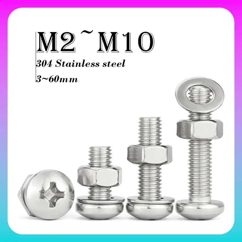 1~30 Pcs Round Head Phillips Screw M2 M2.5 M3 M4 M5 M6 M8 M10 304 Stainless Steel Cross Round Head Bolt with Nut Washer Set