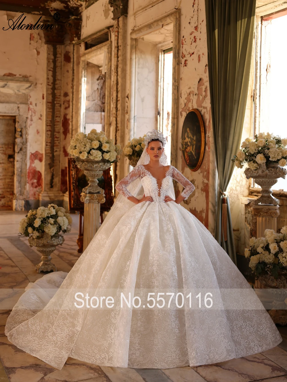 Alonlivn Custom Made Exquisite Lace V-Neck Ball Gown Wedding Dresses Beaded Pearls Appliques Lace Full Sleeves Bridal Dresses
