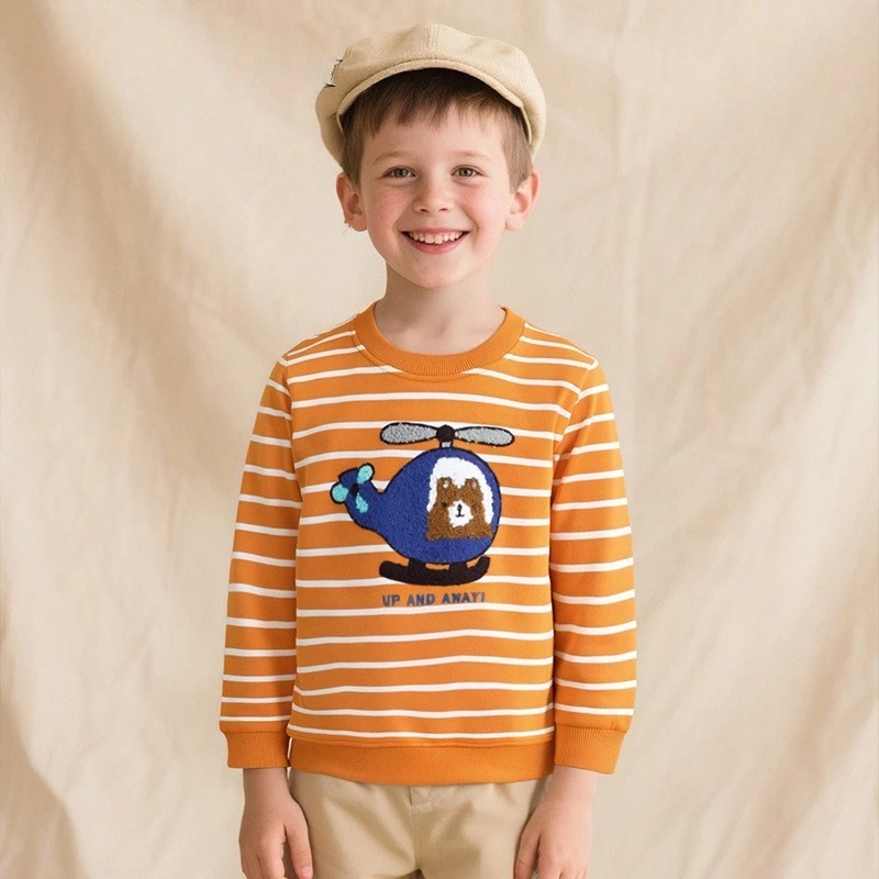 

2025 Autumn New Children's Orange Striped Towel Cotton Helicopter Pattern Hoodie