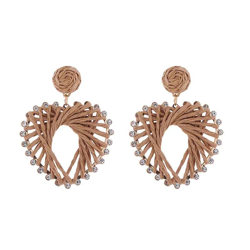 Handmade Alloy Raffia Straw Crystal Earrings for Women Geometric Woven Rattan Love Heart Pendant Drop Earring Jewelry Wholesales