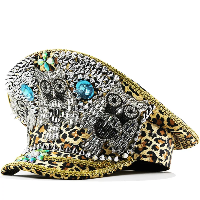 

Festival Performance Hot Diamond Versatile Diamond-encrusted Leopard Print Navy Hat Party Carnival Factory Direct Supply