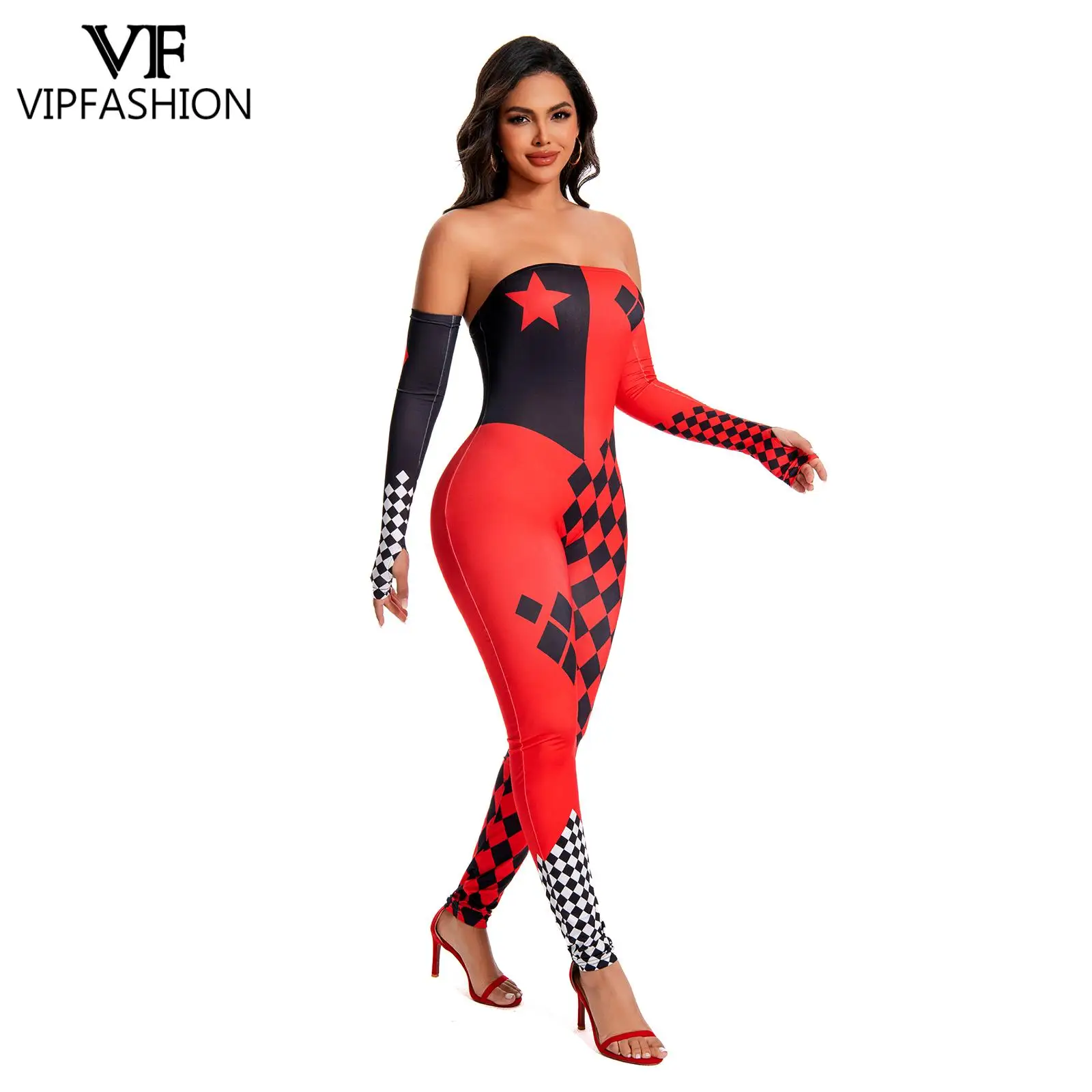 VIP FASHION Harley Q mouwloze jumpsuit met handschoenen 3D-print dames sexy romper backless skinny pak dame festival feestkleding