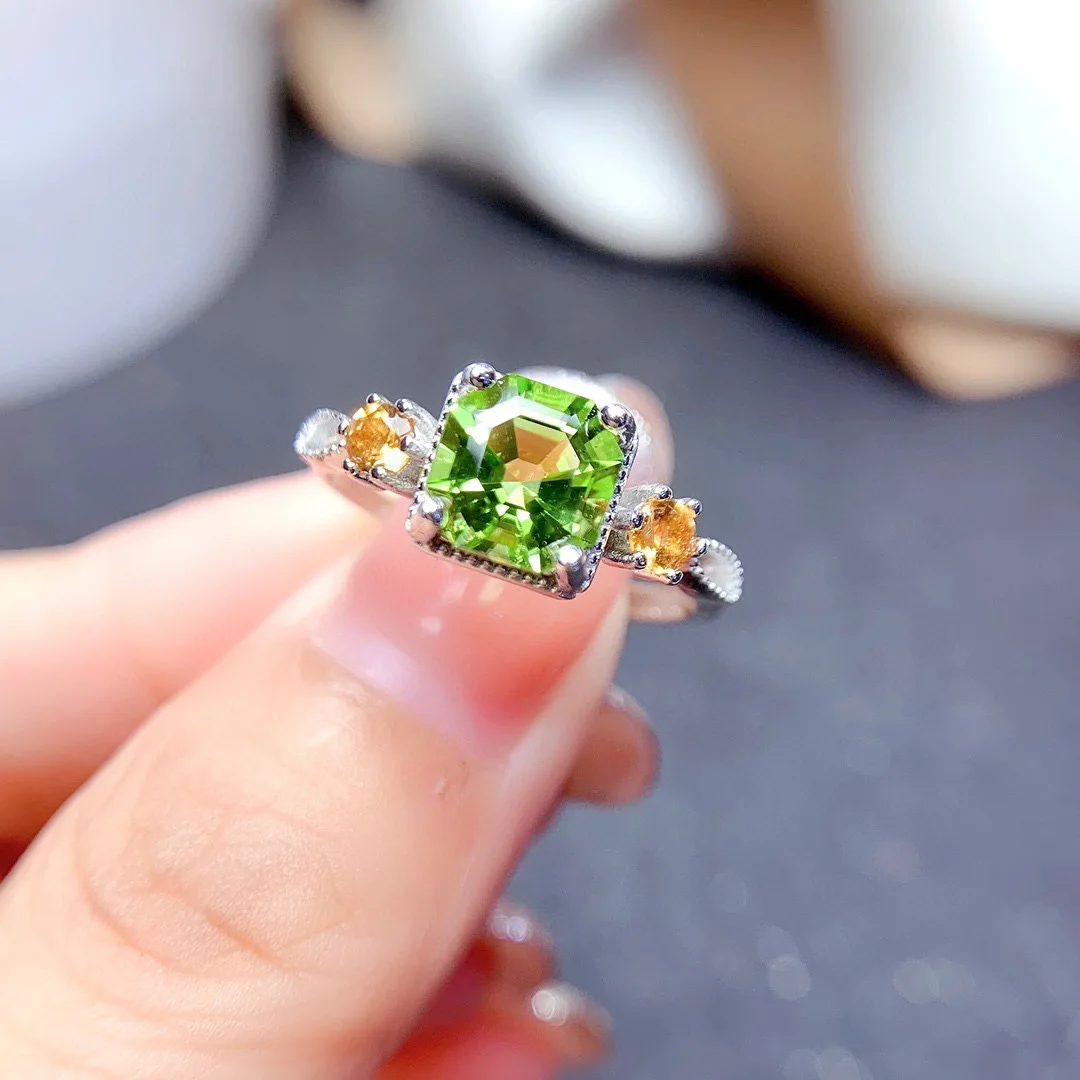 925 Sterling Silver S925 Pure Silver 2 Carat Square Green Diamond Open Ring Elegant Delicate Jewelry Accessory