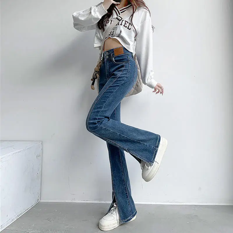 High Waist Flared Jeans Women's Slim Fit Drapey Split Pants Spring Autumn Long Trousers Vintage Style Floor Length