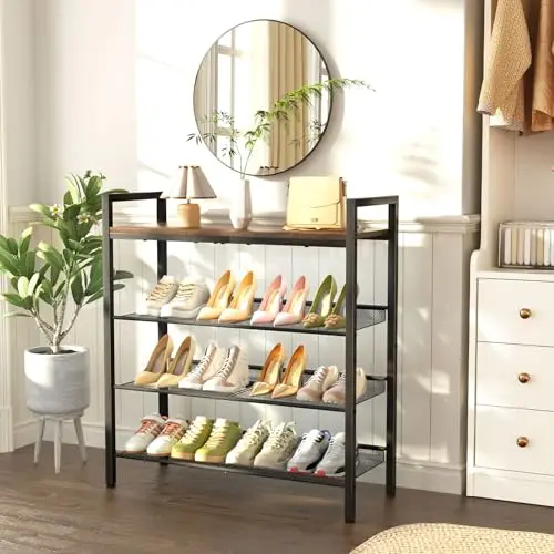 

Four-Tier Free-Standing Metal Shoe Organizer With Wooden Top Shelf For Entryway Or Closet, Black Frame Rustic Brown Finish