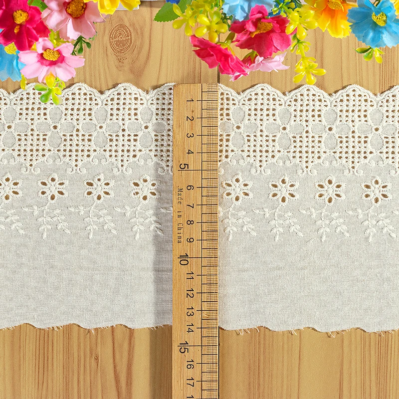 2Yards/lot HOT Cotton Embroidered Beige Flower Lace Fabric Dubai Sewing DIY Trim Applique Ribbon Collar Wedding Guipure Decor