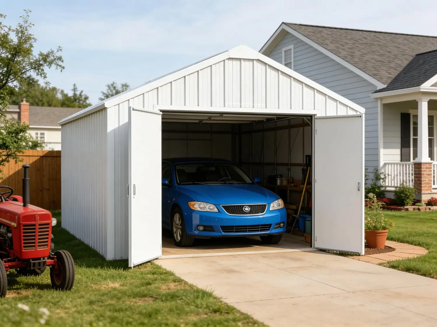 12x20FT Single Garage Metal Shed Heavy-Duty Double Door Outdoor Storage for Vehicles Tools Equipment, Customized