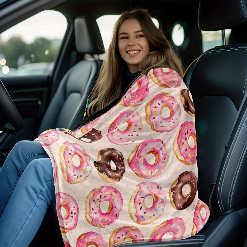Colorful donuts pink chocolate sprinkles sweet food flannel blanket dessert theme soft cozy blanket for kitchen or bedroom decor