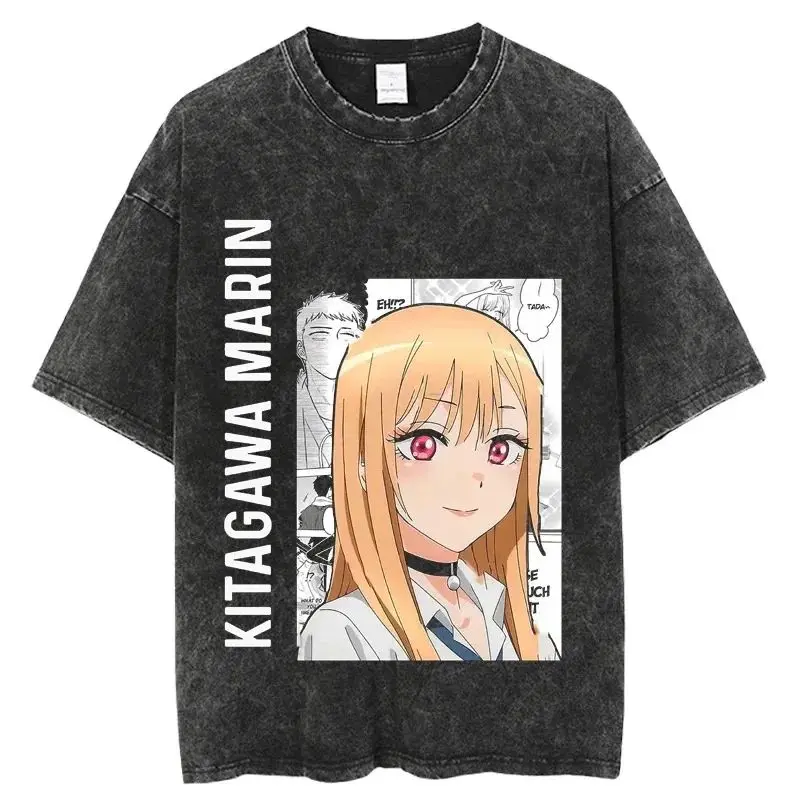 Y2k Fashion TOPS Hot Anime My Dress Up Darling Kitagawa Marin Printed Tshirt Harajuku Casual Tops Washed Cotton T-shirts Unisex