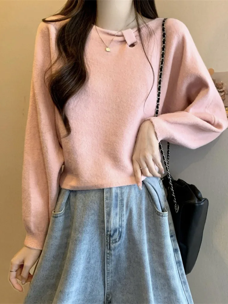 

Корейский сладкий розовый свитер, женская свободная утягивающая верхняя одежда, ранняя осень, модный топ, удобный вязаный длинный све