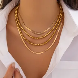 Boho Gold Metal Snake Chain Clavicle Necklace 2025 Women's Multi Layer Simple Beaded Girl Fashion Charm Jewelry