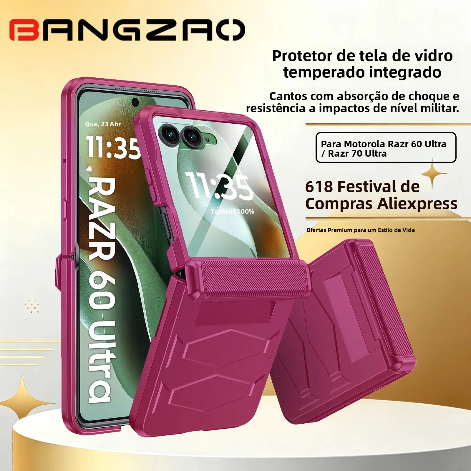 Promoção 618! Para Motorola Razr 60 Ultra/70 Ultra, Vidro Temperado HD Embutido, Proteção Contra Quedas de Grau Militar, Capa de Proteção para Dobradiça - Rosa Vermelho