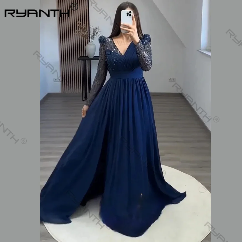 

Ryanth Sequined Long Prom Dress A-Line Side Split Evening Dress Full Sleeve V-Neck Elegant Royal Blue robes de soirée 2024