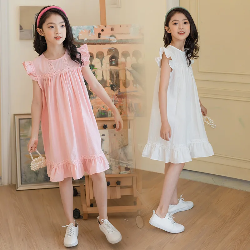 JUCPKID 2024 Korean Summer Children Girl Dress School Girl Cotton Linen Flounce Fly Sleeves One-piece Dress Junior Girl Dress