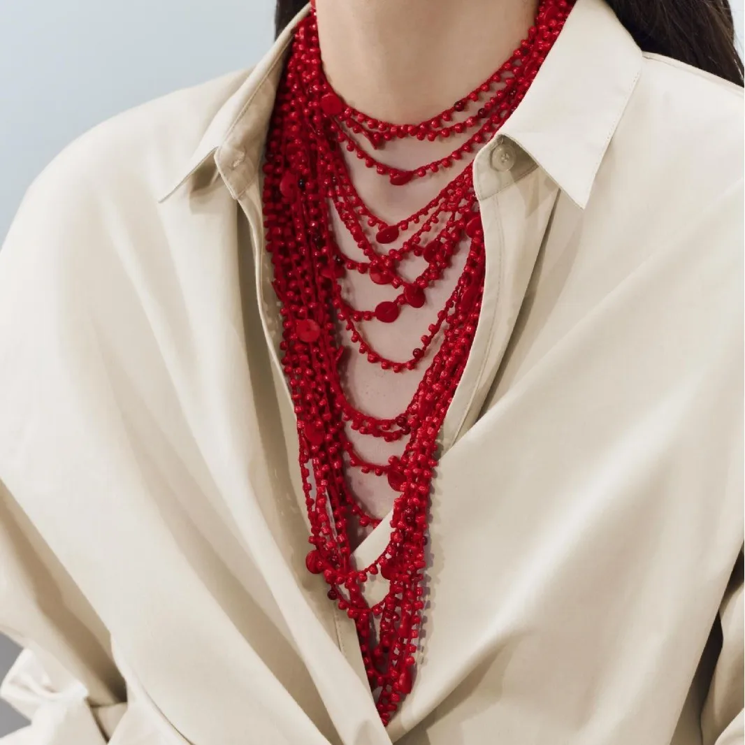 Red Brown Multi Layer Rope Woven Beads Necklace for Women European American Fashion Street Shooting Collar Jewelry Accessories